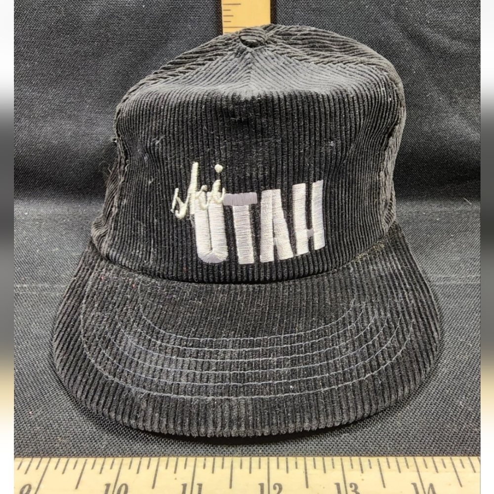 Vintage "Ski Utah" Trucker Cap Strapback Back Unisex Black Corduroy Pins&Patches